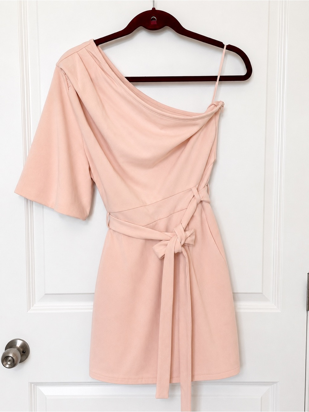 One-Shoulder Blush Pink Mini Dress with Tie Waist